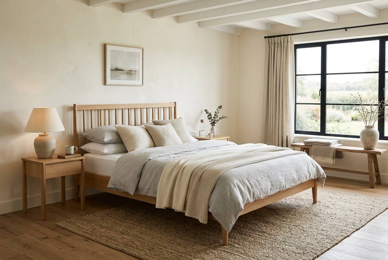 Dormitor liniștit în stil modern farmhouse